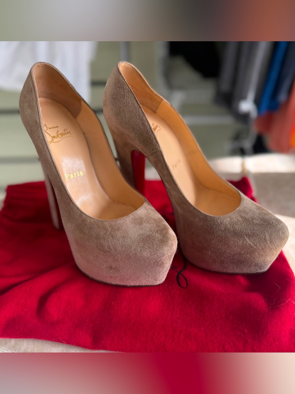 Christian Louboutin Taupe Suede Platform Pumps - Neutral Taupe - Picture 4 of 6